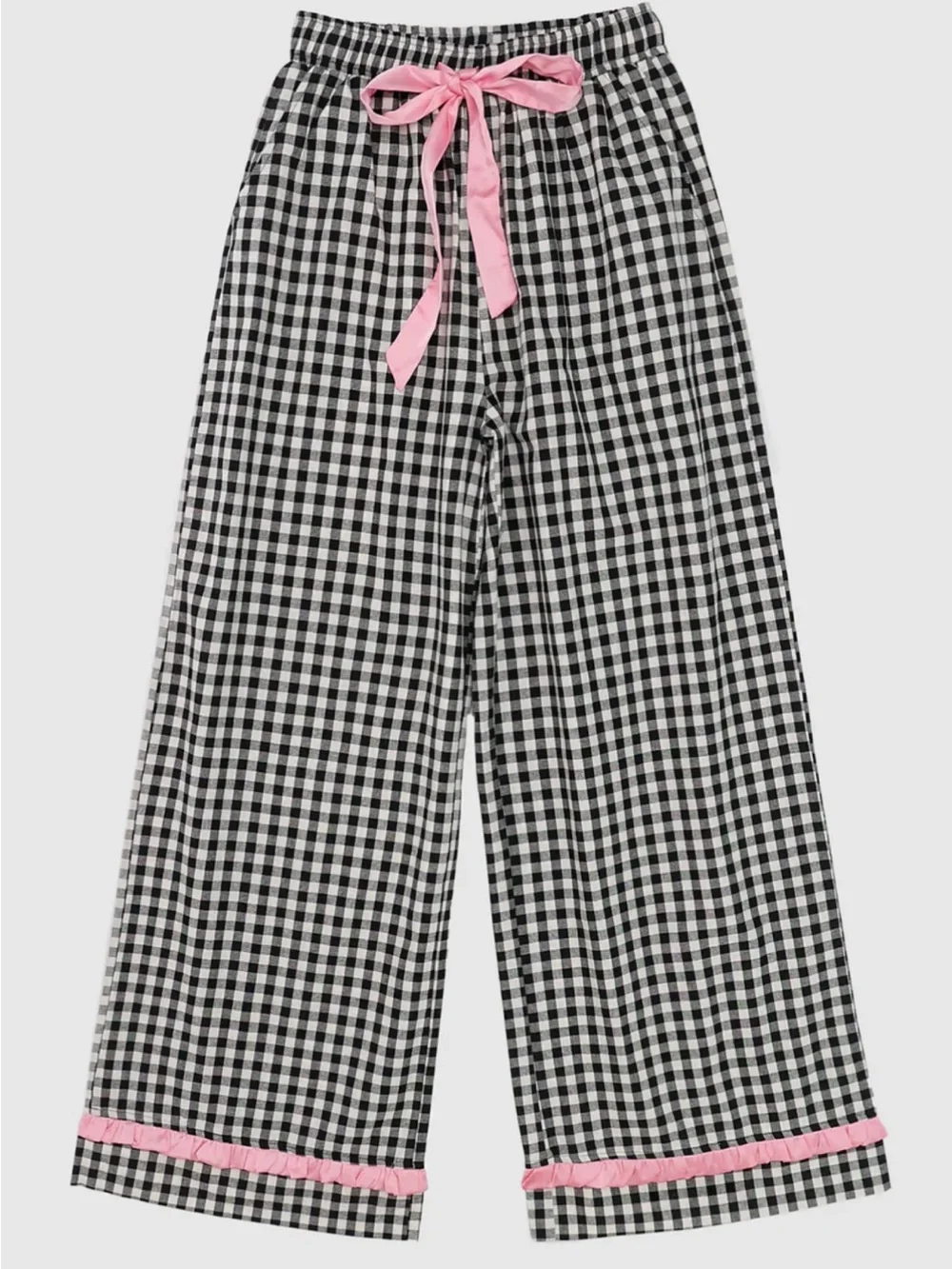 Rareraw Black & White Gingham Pink Satin Ruffle Bow Pants Size Small W/ Pockets